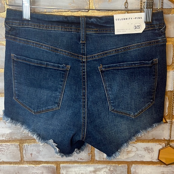 Celebrity Pink Dark Wash Mill Valley Distressed Denim Shorts, Junior’s Sz. 5/27. - Picture 5 of 9